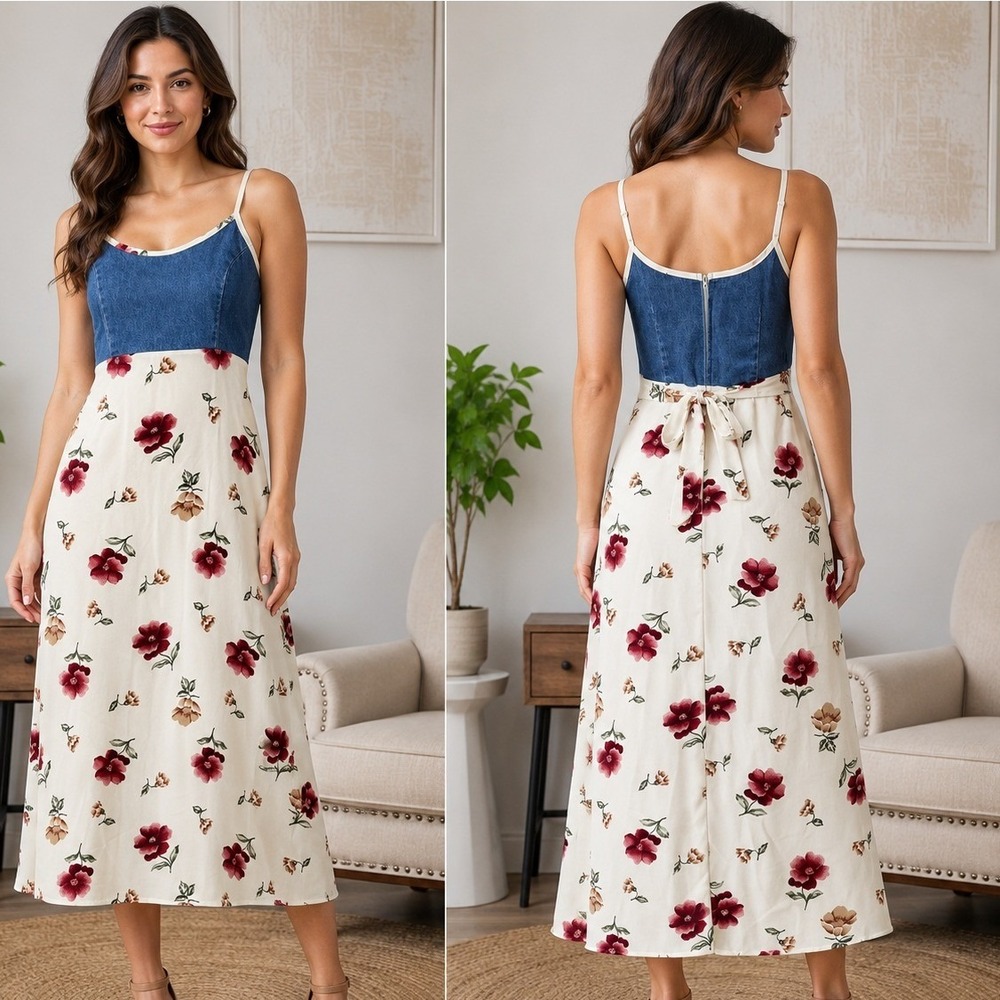 VIntage Saga  Maxi Dress Small Blue White Floral Denim Bodice 90s Cottagecore